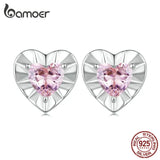 925 Silver Heart Stud Earrings Pink Zircon Women's Gift Jewelry