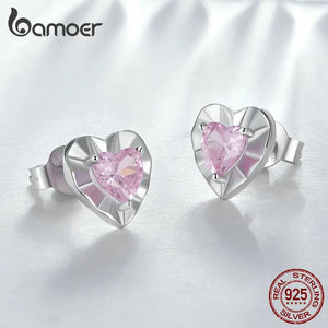 925 Silver Heart Stud Earrings Pink Zircon Women's Gift Jewelry