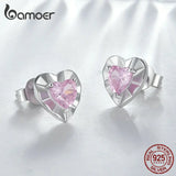 925 Silver Heart Stud Earrings Pink Zircon Women's Gift Jewelry