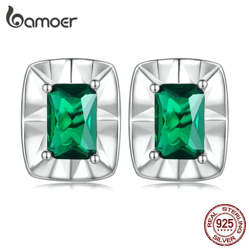 925 Silver Square Stud Earrings Green Zircon Women's Jewelry