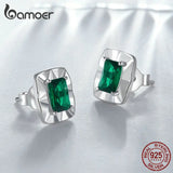 925 Silver Square Stud Earrings Green Zircon Women's Jewelry