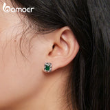 925 Silver Square Stud Earrings Green Zircon Women's Jewelry