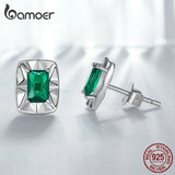 925 Silver Square Stud Earrings Green Zircon Women's Jewelry