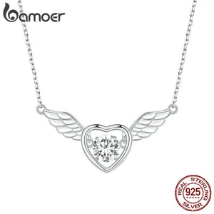 925 Silver Zircon Heart Pendant Necklace Guardian Wings Chain Women