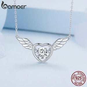 925 Silver Zircon Heart Pendant Necklace Guardian Wings Chain Women
