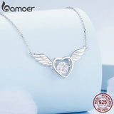 925 Silver Zircon Heart Pendant Necklace Guardian Wings Chain Women