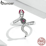 925 Silver Snake & Rose Personality Ring Women Statement Ring