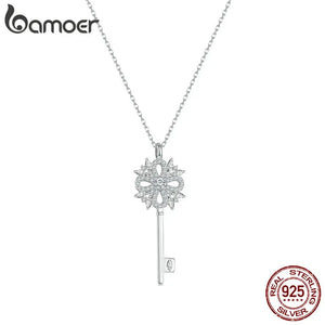925 Sterling Silver Snowflake Key Pendant Necklace for Women