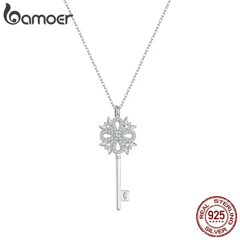 925 Sterling Silver Snowflake Key Pendant Necklace for Women