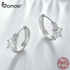 925 Silver Zircon Square Hoop Earrings Rivet Pattern BSE800