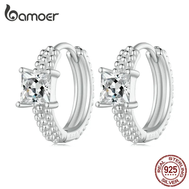 925 Silver Zircon Square Hoop Earrings Rivet Pattern BSE800