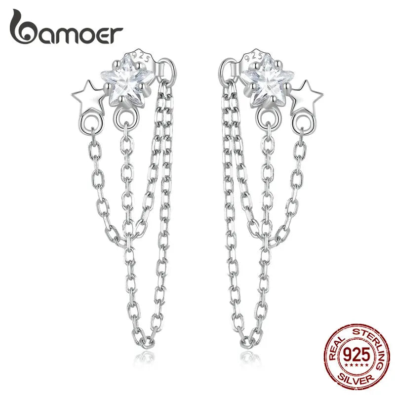 925 Silver Star Fringe Drop Earrings Double Layer Tassel Women's Birthday Gift