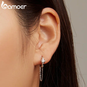 925 Silver Star Hoop Earrings with Tassel CZ for Women BSE699