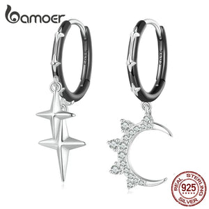 925 Silver Star & Moon Asymmetric Hoop Earrings BSE805