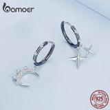 925 Silver Star & Moon Asymmetric Hoop Earrings BSE805