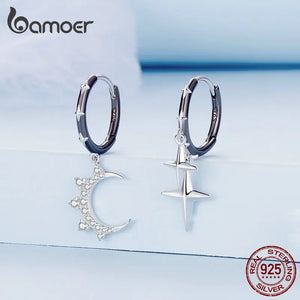 925 Silver Star & Moon Asymmetric Hoop Earrings BSE805