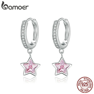 925 Silver Star Pendant Earrings CZ Pink Zircon Gift BSE414
