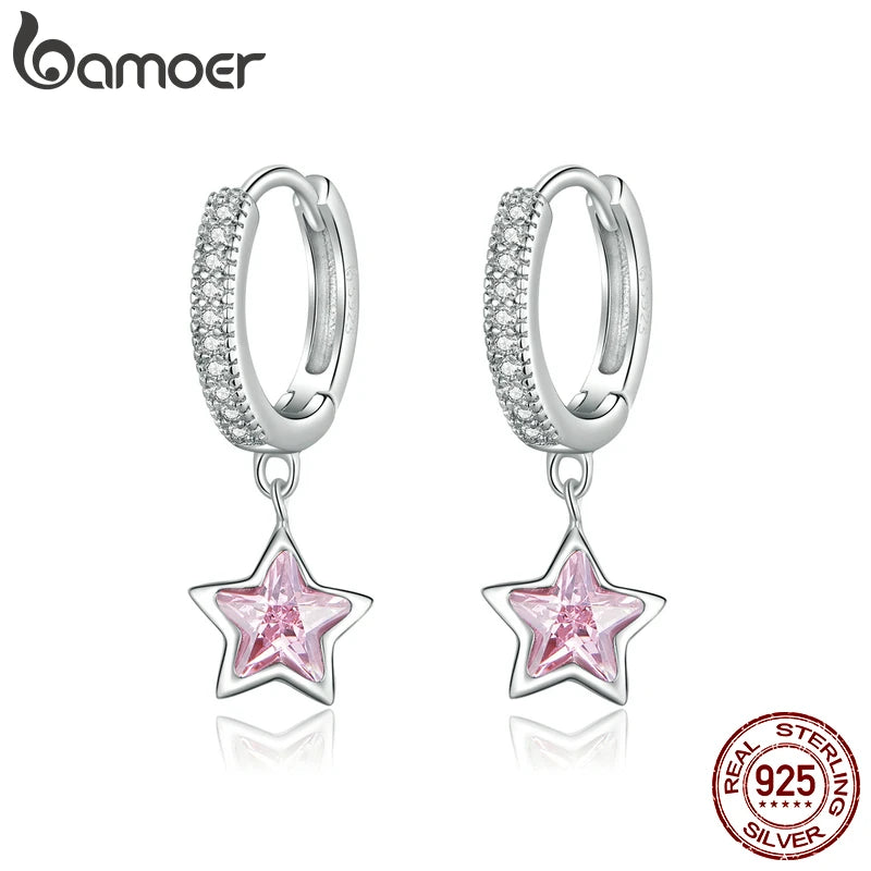 925 Silver Star Pendant Earrings CZ Pink Zircon Gift BSE414