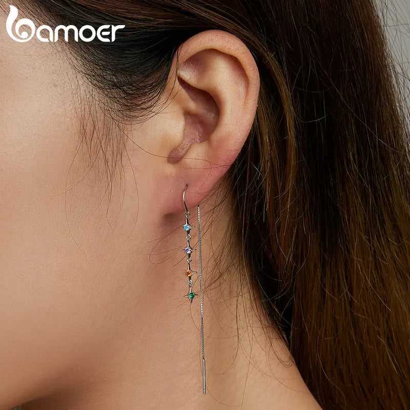 925 Silver Starry Zircon Long Tassel Earrings for Women - Beach Party Gift