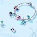London Charm Pink Cable Car Zirconia Heart Beads Bracelet
