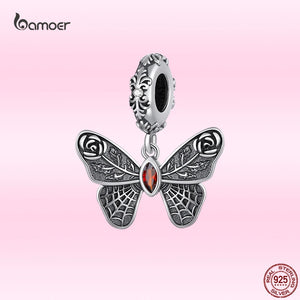 925 Silver Vintage Butterfly Pendant Red Zircon Charm DIY