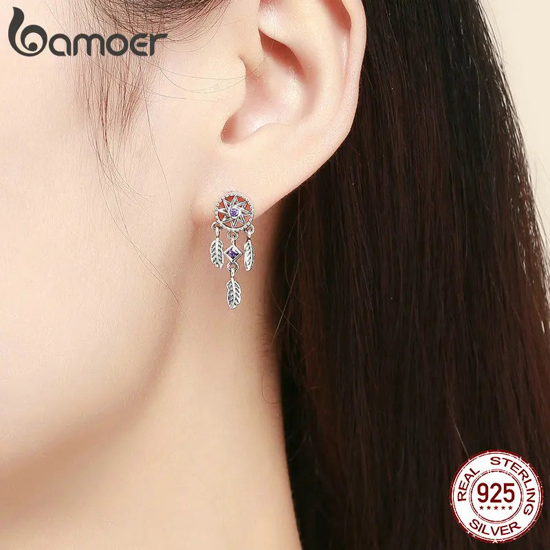 925 Silver Vintage Dream Catcher Earrings Purple CZ