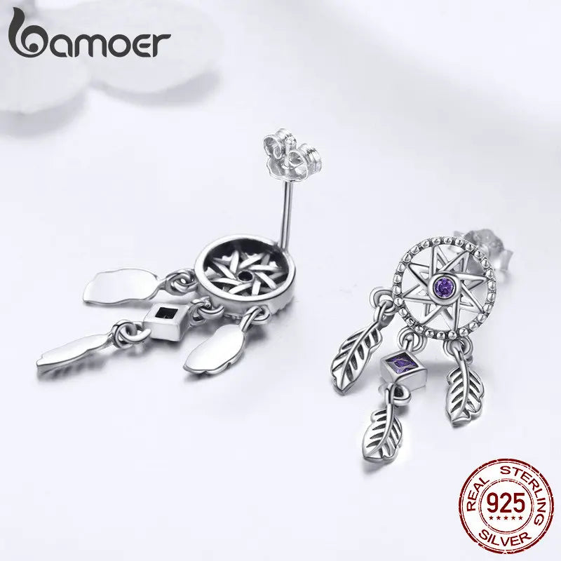 925 Silver Vintage Dream Catcher Earrings Purple CZ