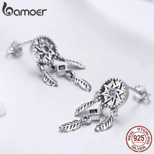925 Silver Vintage Dream Catcher Earrings Purple CZ