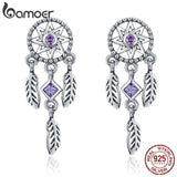 925 Silver Vintage Dream Catcher Earrings Purple CZ