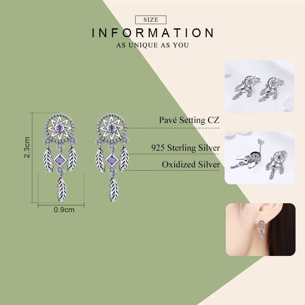 925 Silver Vintage Dream Catcher Earrings Purple CZ