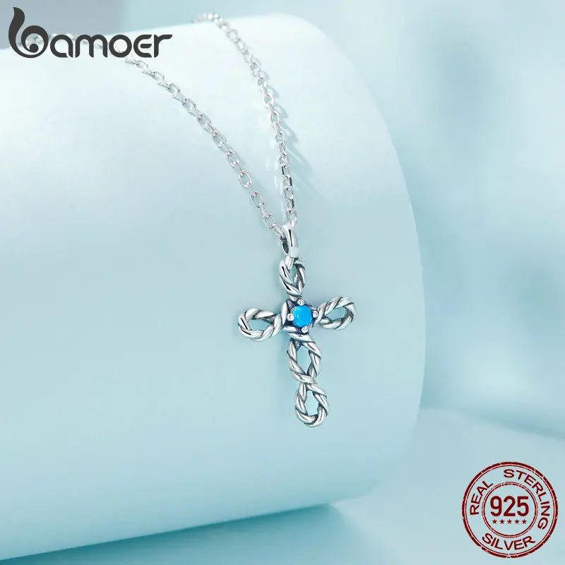 925 Sterling Silver Braided Cross Necklace Turquoise Fine Jewelry
