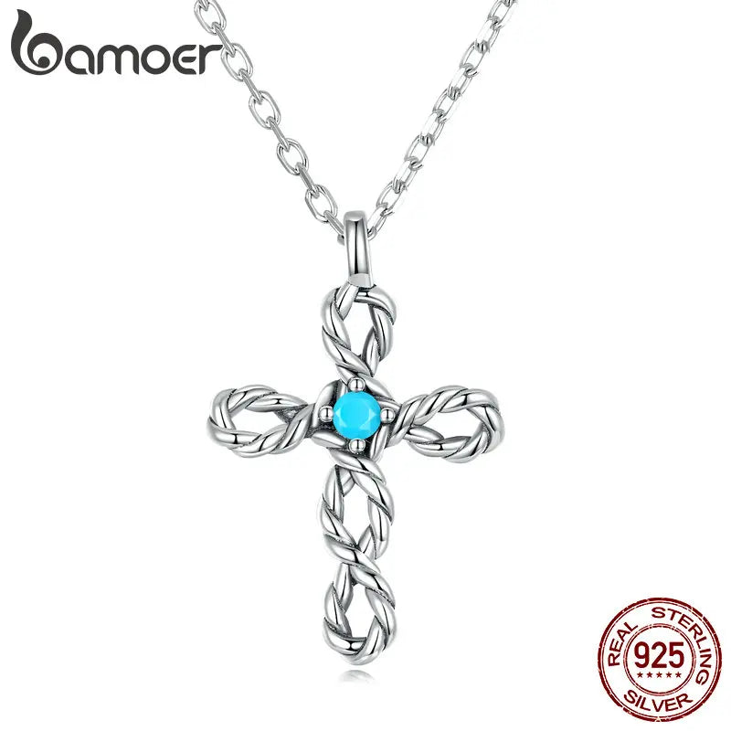 925 Sterling Silver Braided Cross Necklace Turquoise Fine Jewelry