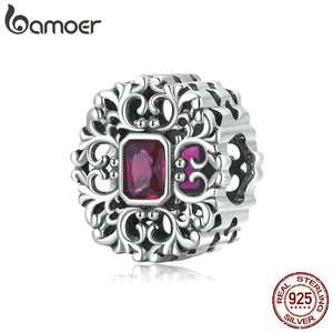 925 Silver Vintage Pattern Charm for Bracelet Retro Zircon Beads Jewelry