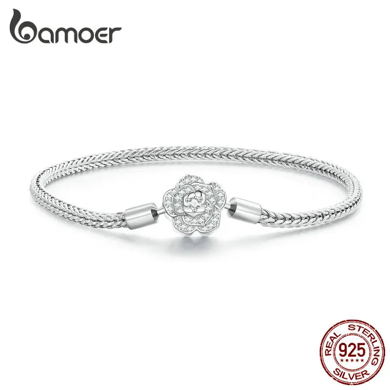 925 Silver Zircon Rose Buckle Bracelet Snake Chain DIY Jewelry