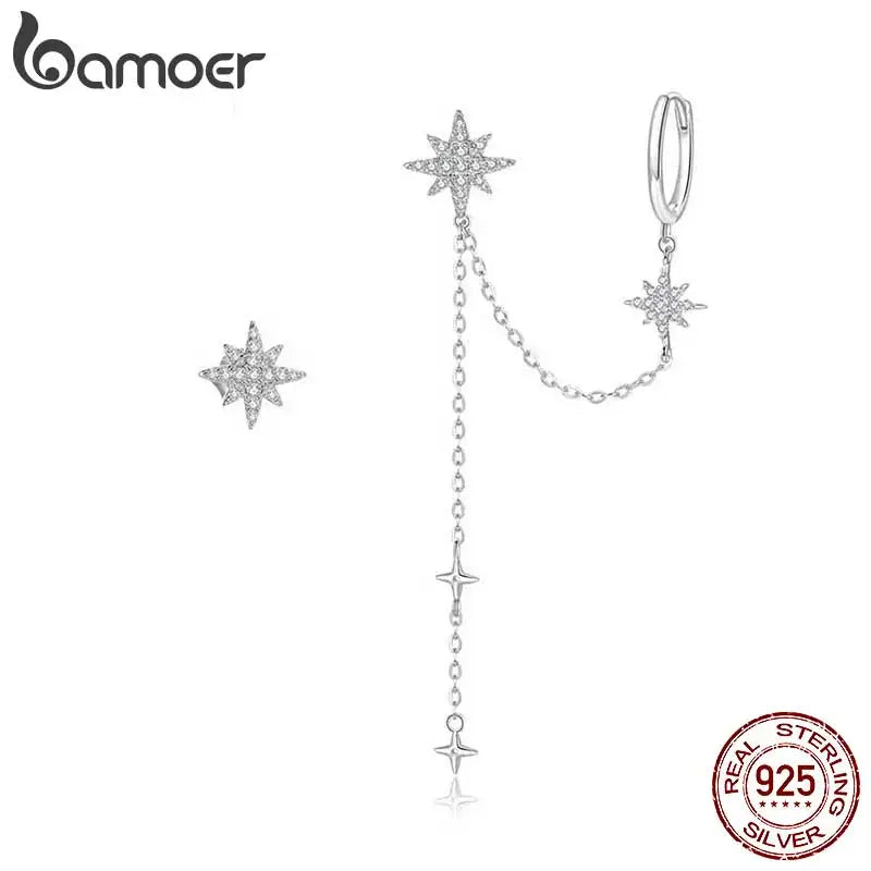 925 Silver Star Drop Earrings CZ Stud Asymmetric Women Gift BSE433