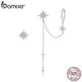 925 Silver Star Drop Earrings CZ Stud Asymmetric Women Gift BSE433