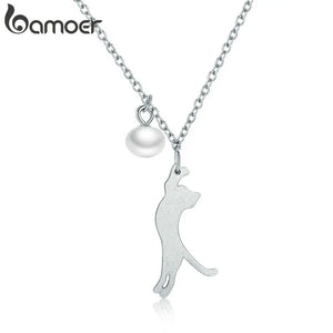 925 Silver Cat Pendant Necklace with Shell Pearl Chain for Women