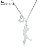925 Silver Cat Pendant Necklace with Shell Pearl Chain for Women