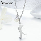 925 Silver Cat Pendant Necklace with Shell Pearl Chain for Women