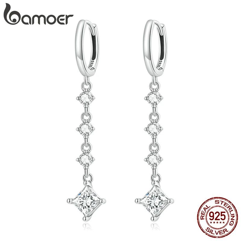 925 Silver Square Zircon Drop Earrings Women Linear Fine Jewelry