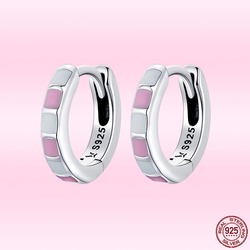 925 Silver Pink Check Ear Buckles Earrings Women S925 Fine Jewelry