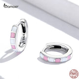 925 Silver Pink Check Ear Buckles Earrings Women S925 Fine Jewelry