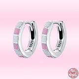 925 Silver Pink Check Ear Buckles Earrings Women S925 Fine Jewelry