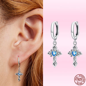 Vintage Cross Heart Pendent Silver Drop Earrings for Women