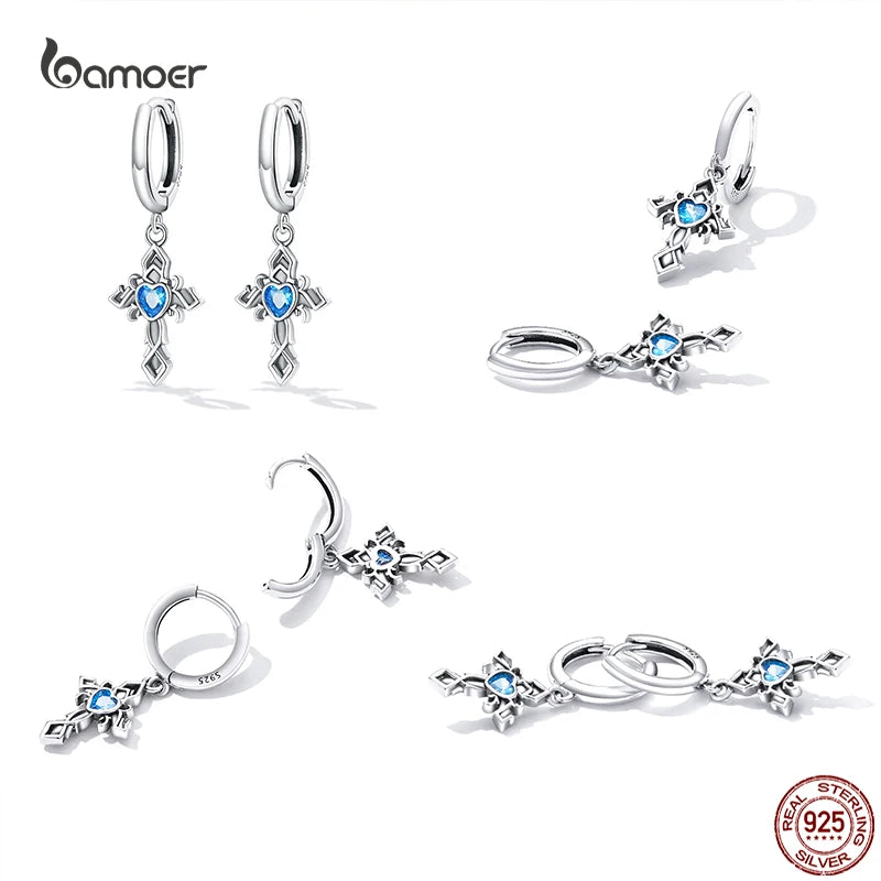 Vintage Cross Heart Pendent Silver Drop Earrings for Women