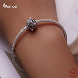 925 Sterling Silver Vintage Flower Pattern Beaded Charm Bracelet Bangle