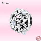 925 Sterling Silver Vintage Flower Pattern Beaded Charm Bracelet Bangle