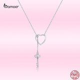 925 Silver Heart Key Pendant Necklace for Women Romantic Jewelry Gift