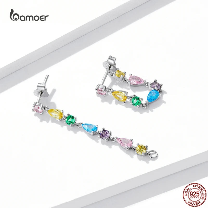 925 Silver Tassel Earrings with Colored Zircon Studs