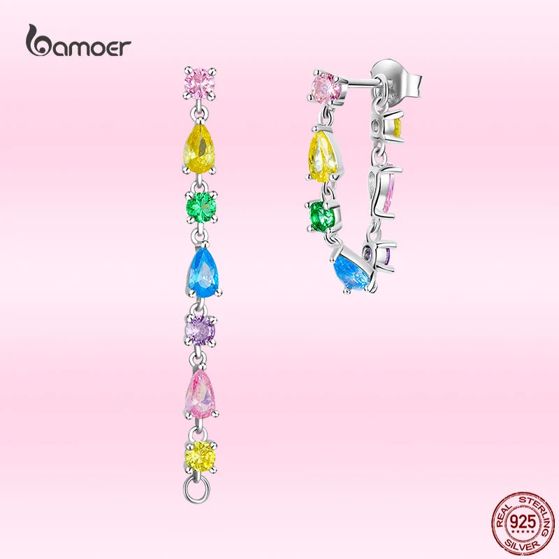 925 Silver Tassel Earrings with Colored Zircon Studs